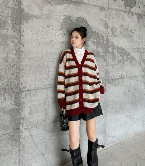 Multi Stripe Loose Knit Cardigan